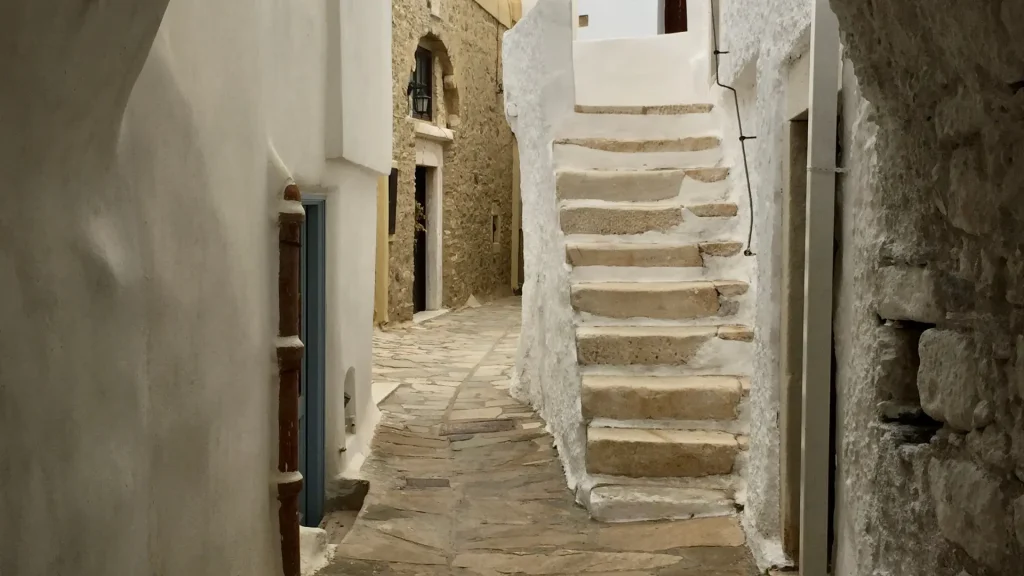 Narrow stone-paved alley in a Cycladic village, flanked by whitewashed walls and an external staircase leading to a blue-shuttered doorway.